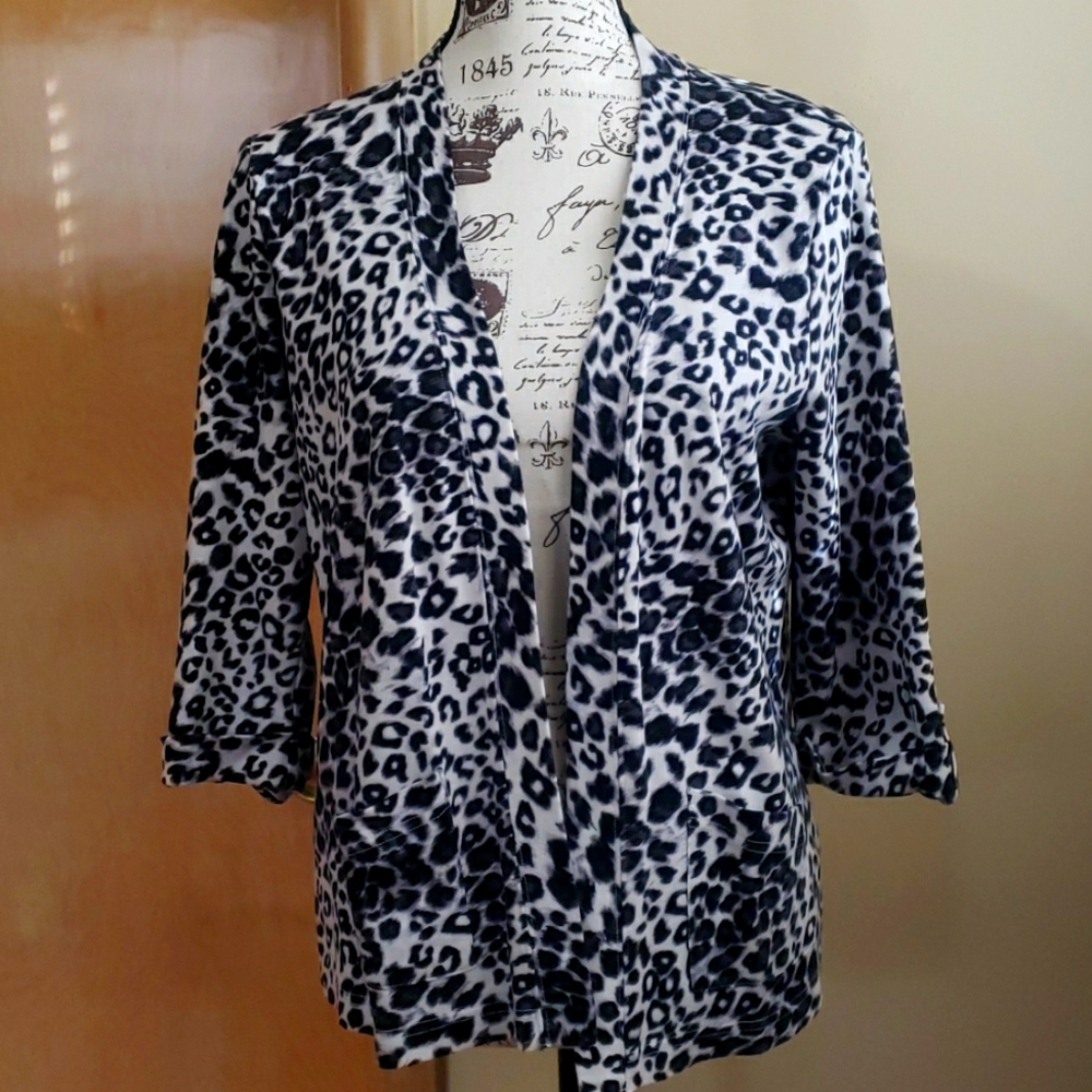 Studio Works Black & White Leopard Print Blazer 100% Cotton